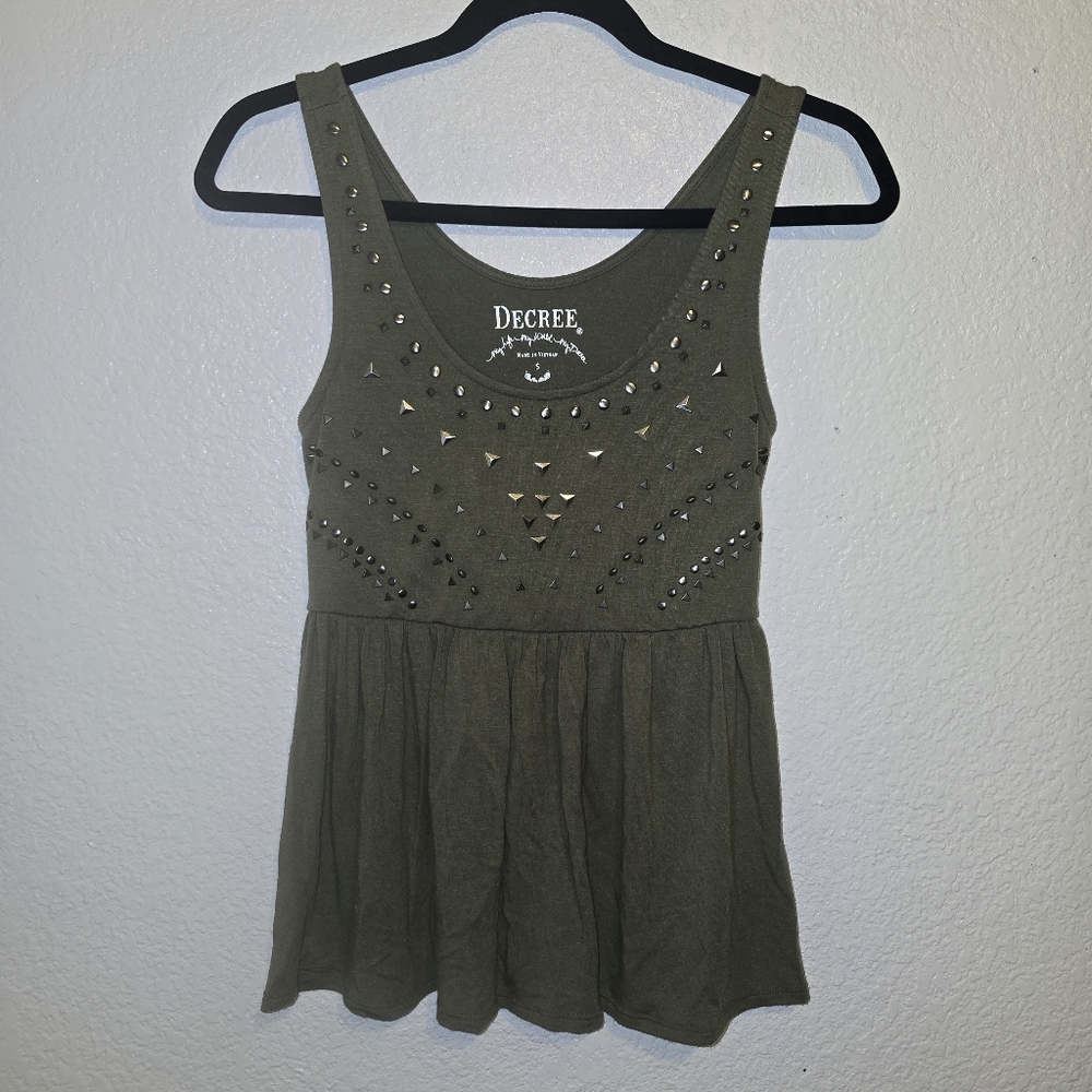 New no tags decree rayon small but oversized olive green embellished tunic tank